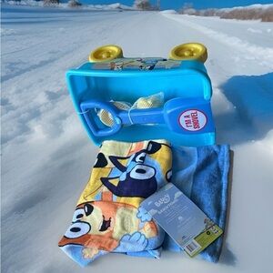 Bluey Shovel Wagon Rake & Scoop Snow or Sand & Large Beach Towel!  TOO CUTE!!